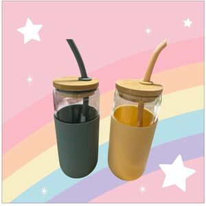 Glass Tumbler Set of 2 Bamboo Lid Reusable Straw Iced Coffee Cups New